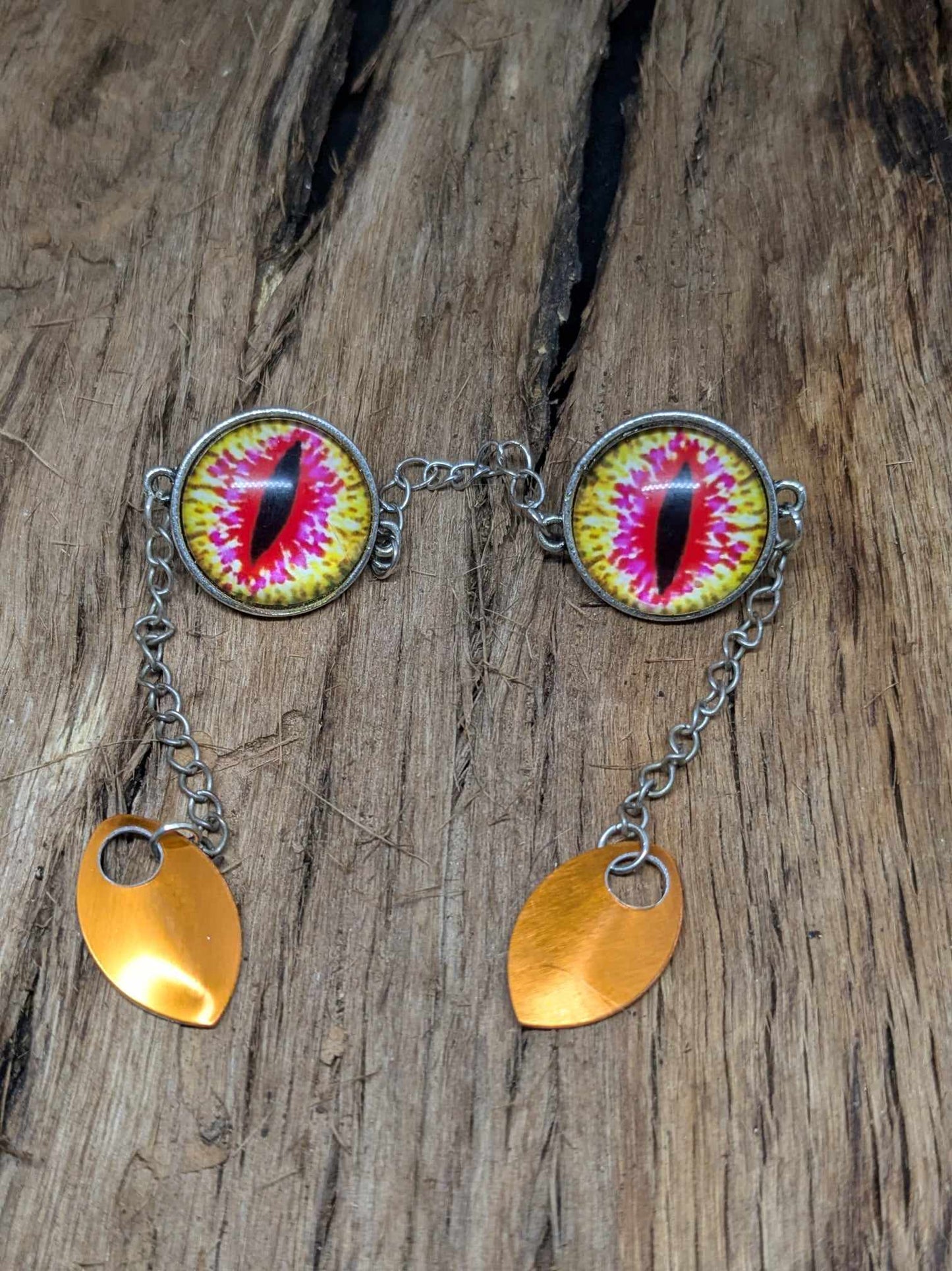 dragon eye pin decorative collar pin with chain pink and yellow Karmacranesartist