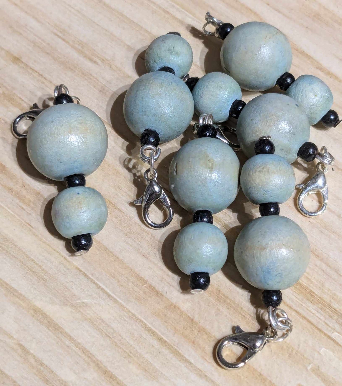 Upcycled Blue & Black Wooden Bead Stitch Markers