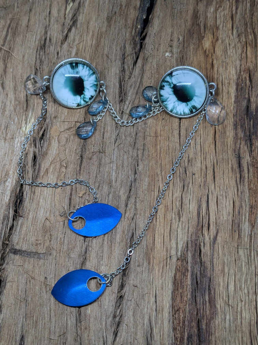 dragon eye pin decorative collar pin tear drops chain blue green