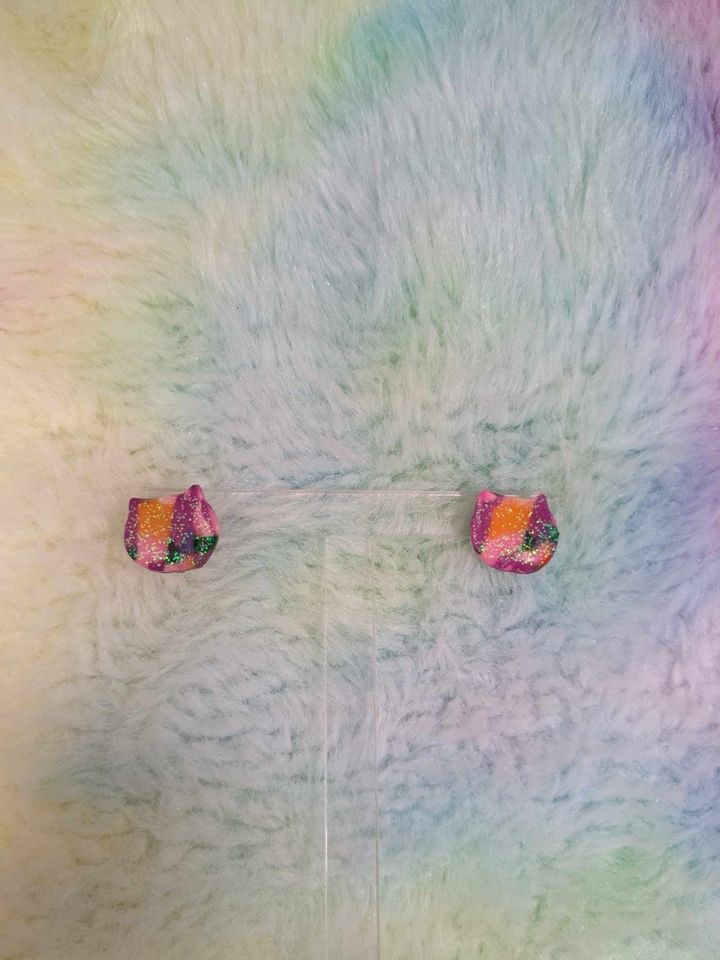 Colorful Cat Face Resin Earrings - Handmade Glitter Jewelry