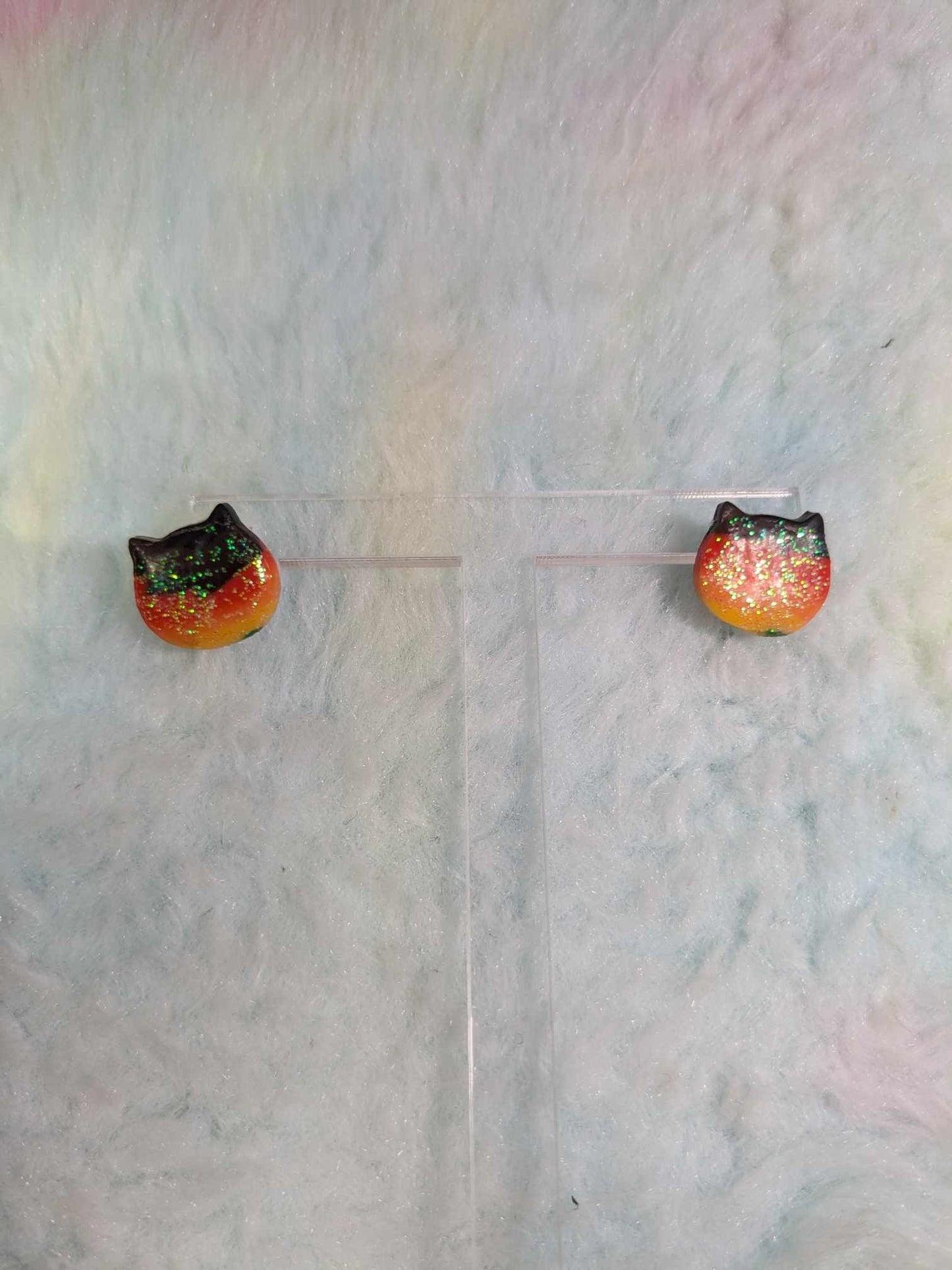 Sunset Cat Stud Earrings – Handmade Glitter Resin Earrings Karmacranesartist