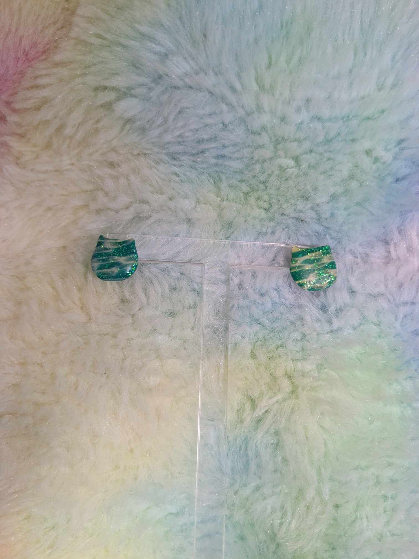 Green Cat Stud Earrings – Handmade Resin Glitter Jewelry Karmacranesartist