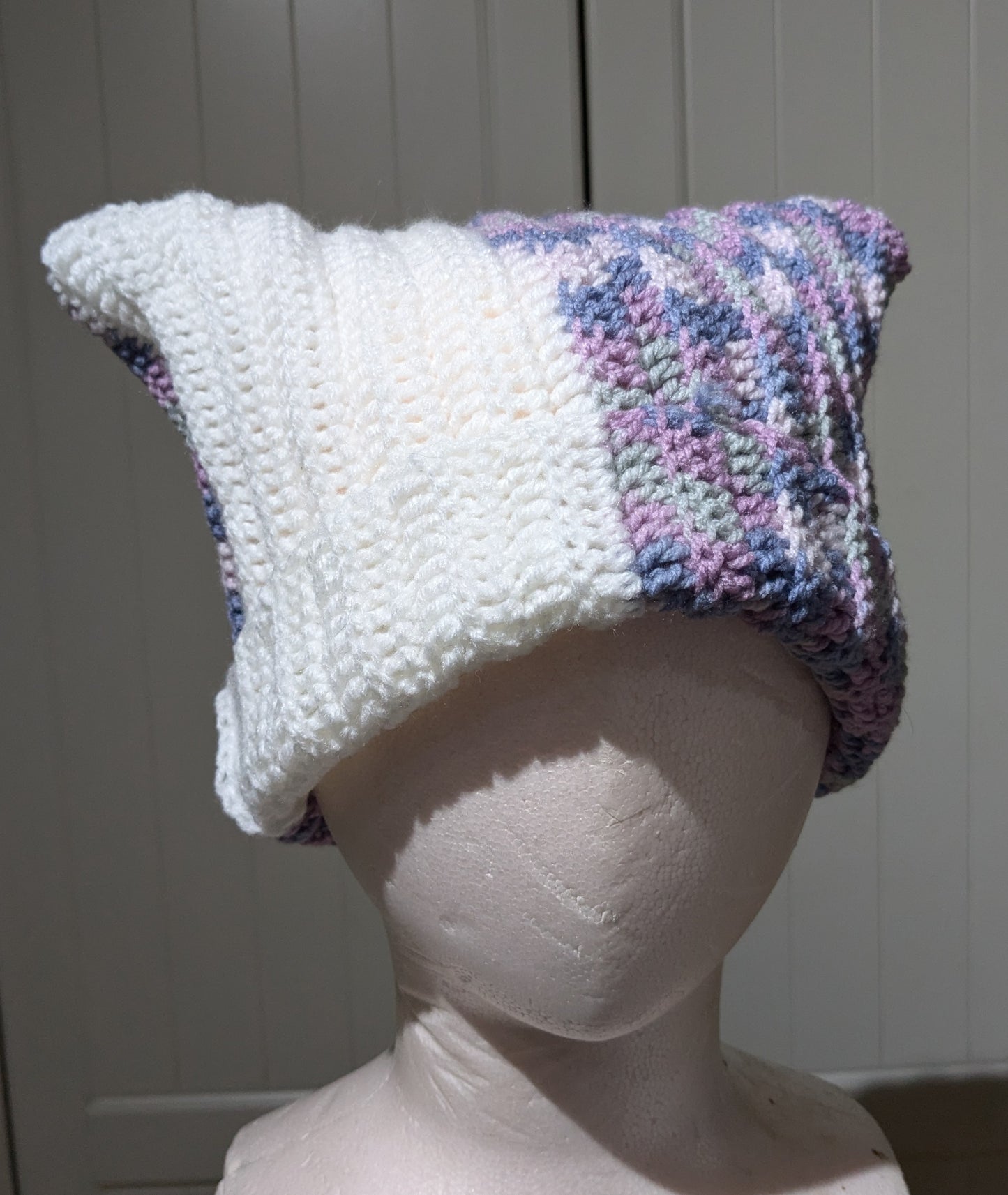 Split Cat ear beanie white purple crochet-handmade