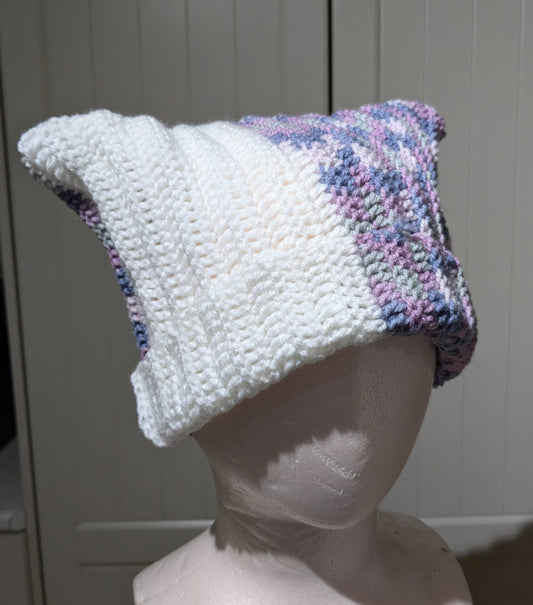 Split Cat ear beanie white purple crochet-handmade